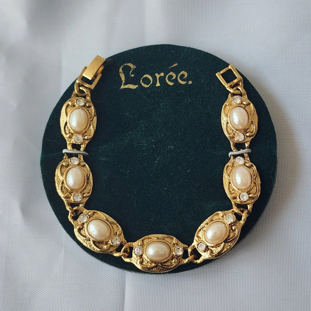 Loreé Gold Tone Faux Pearl Rhinestone Bracelet Costume Jewelry Elegant Rare NWOT - Picture 6 of 7